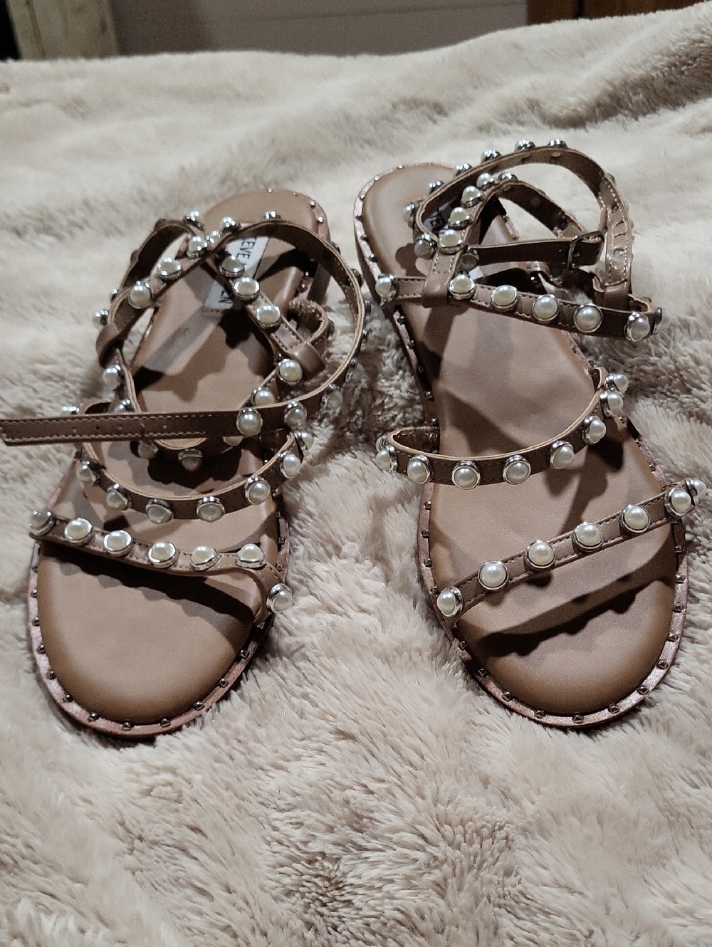 Steve Madden Pearl-Embellished Tan Strappy Sandals